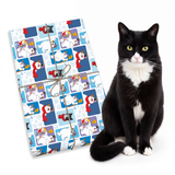 A black and white cat sits beside a wrapped gift box on a clean white background. The gift box is wrapped in a winter-themed print featuring cartoon polar bears, penguins, and snow globes on a light blue and white pattern, tied with twine.