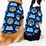 Two dogs wearing matching navy blue dog shirts with a 'Frosty the Snowman' cartoon print, shown from the back against a white studio background.