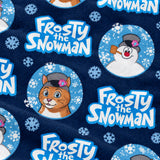 Close-up of the Frosty & Friends print showing custom pet faces in snowflake circles with Frosty the Snowman lettering on a blue fabric