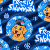 Close-up of the Frosty & Friends print showing custom pet faces in snowflake circles with Frosty the Snowman lettering on a blue fabric