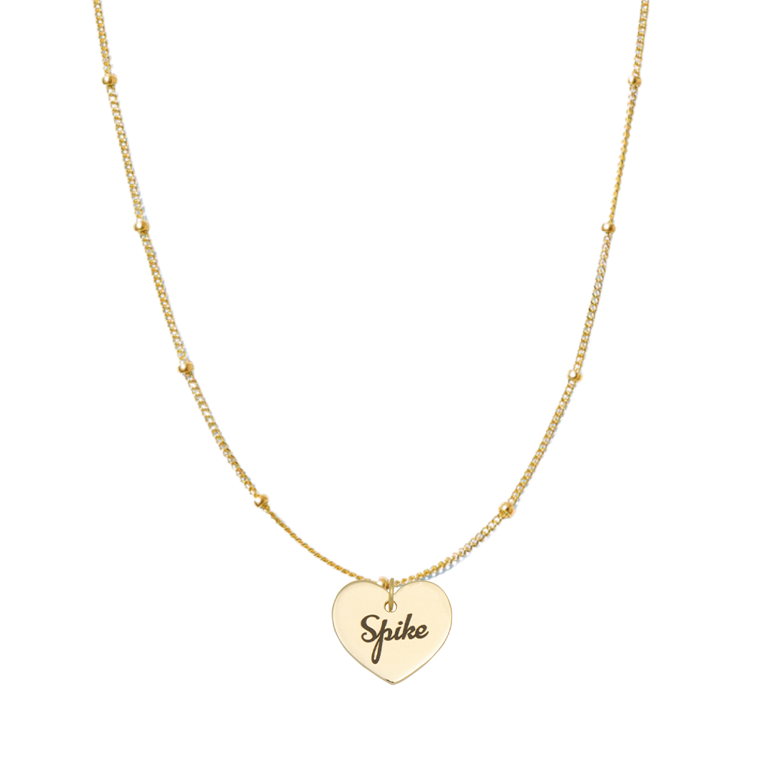 GoldSatelliteEngravedScriptHeartCharm