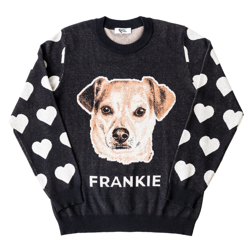 Black knit sweater with heart sleeves and a dog named Frankie printed on the chest 