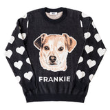 Black knit sweater with heart sleeves and a dog named Frankie printed on the chest 