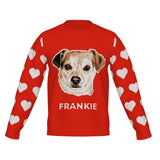 Red knit sweater with hearts on the sleeves and a dog with his name: Frankie