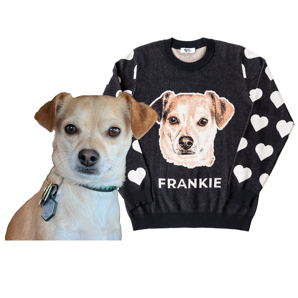 Black sweater with hearts on the sleeves, 'Frankie' dog sweater next to the actual dog.
