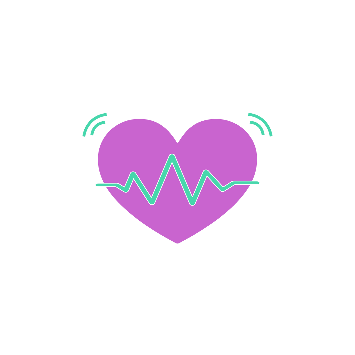 Purple heart with green heartbeat line and sound wave icons on a white background