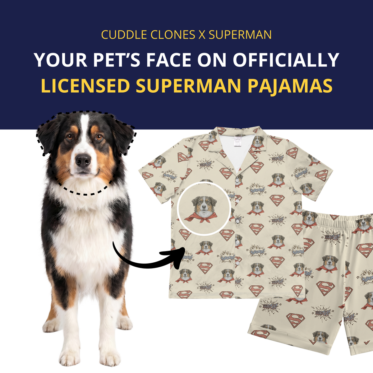Dog with Superman pajamas featuring its face, branded as Cuddle Clones x Superman.