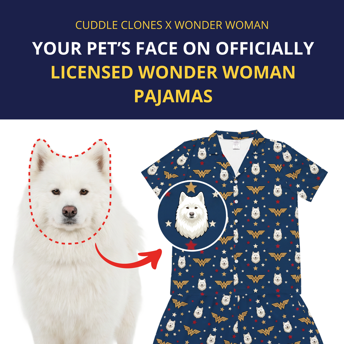 Dog with a Wonder Woman-themed pajama set featuring the dog's face on the front.
