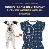 Dog with a personalized Wonder Woman pajama set featuring its face.