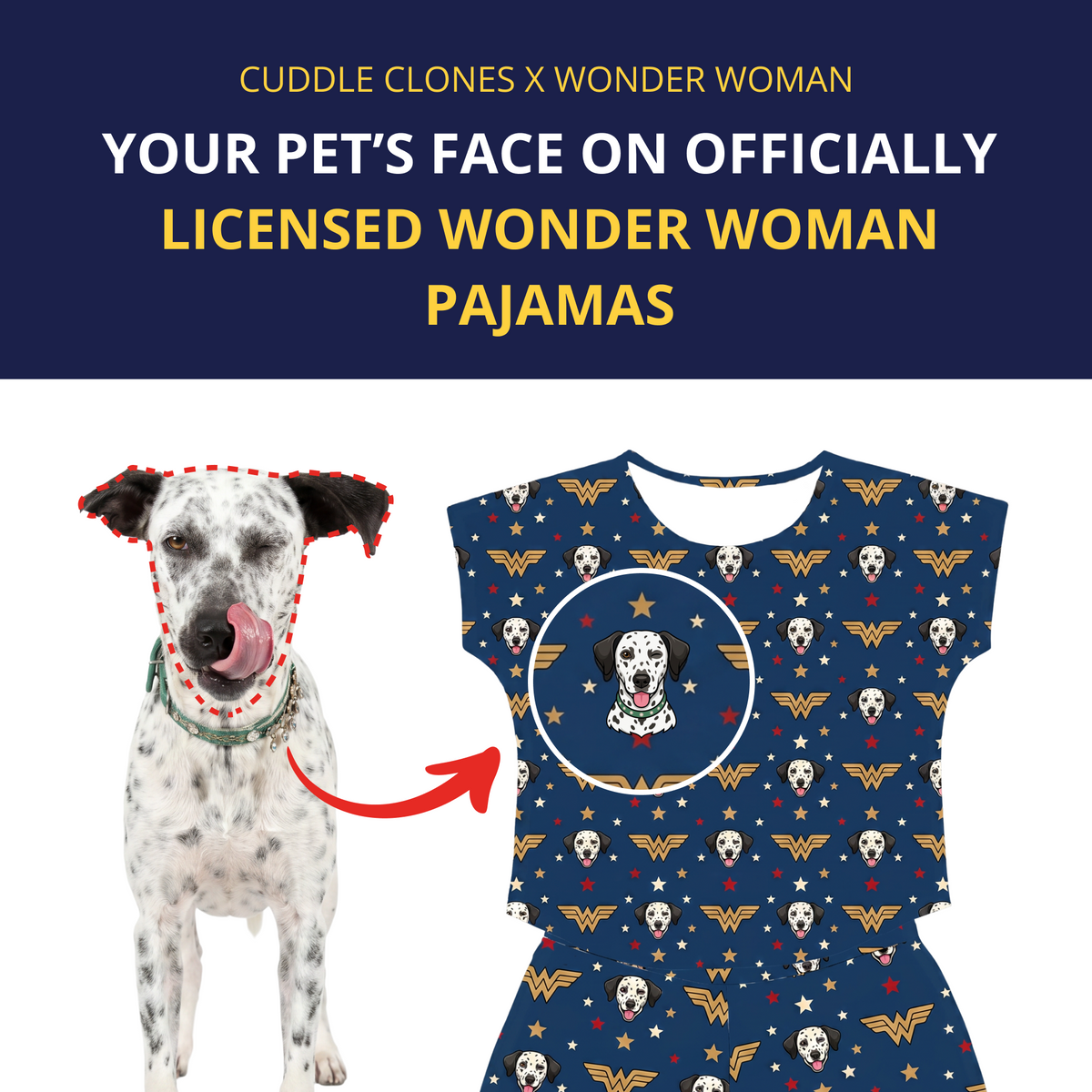 Dog with a personalized Wonder Woman pajama set featuring its face.
