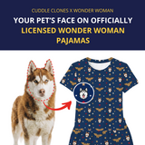 Dog with Wonder Woman-themed pajama pattern and text about pet face on pajamas collaboration.