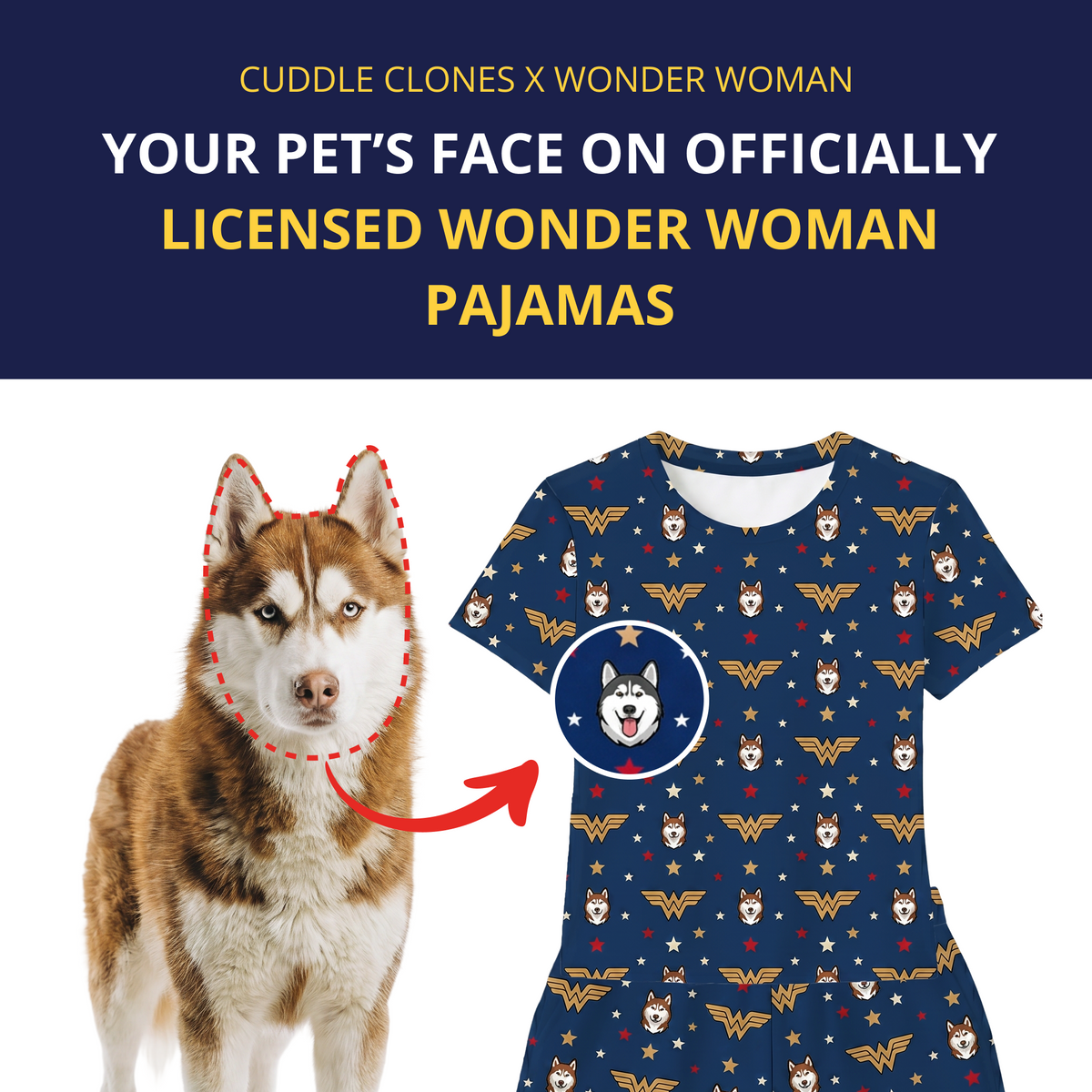 Dog with Wonder Woman-themed pajama pattern and text about pet face on pajamas collaboration.