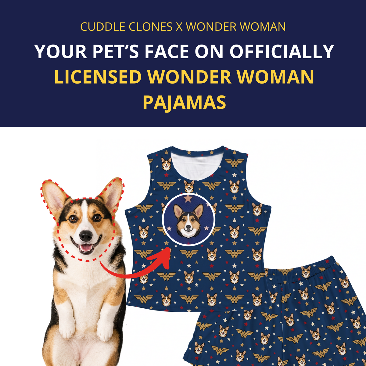 Pet pajamas with Wonder Woman design featuring a dog's face, branded by Cuddle Clones x Wonder Woman.