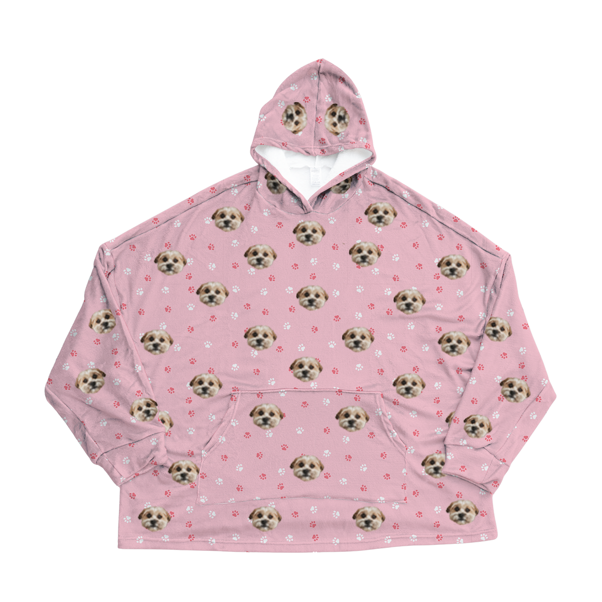 Pink hoodie with dog paws pattern on a white background