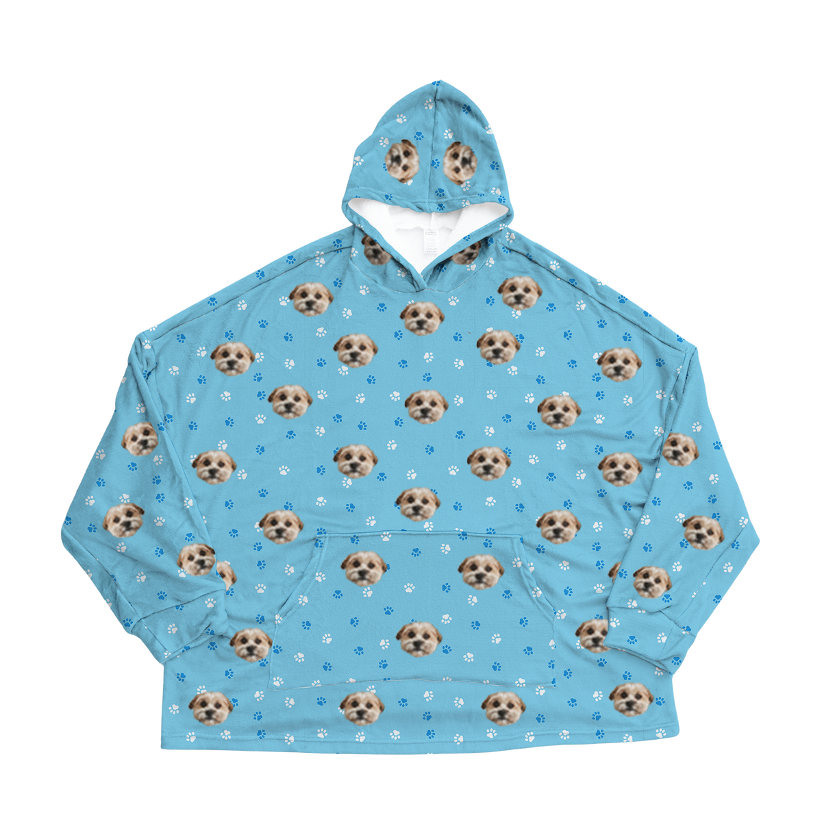 Light blue hoodie with dog paws pattern on a white background