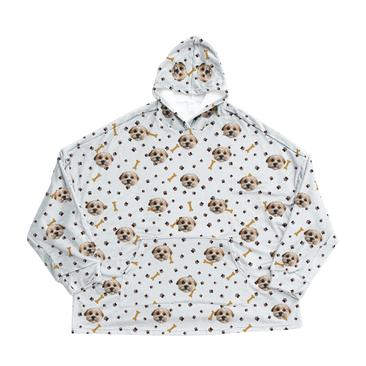 White hoodie with dog paws pattern on a white background