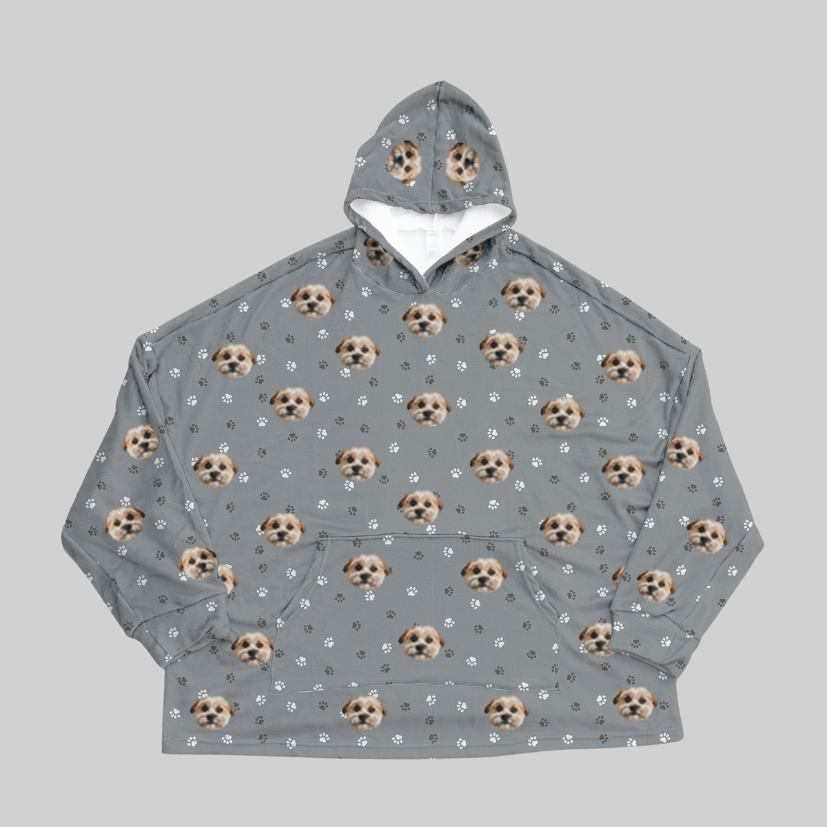 Gray hoodie with dog paws pattern on a white background