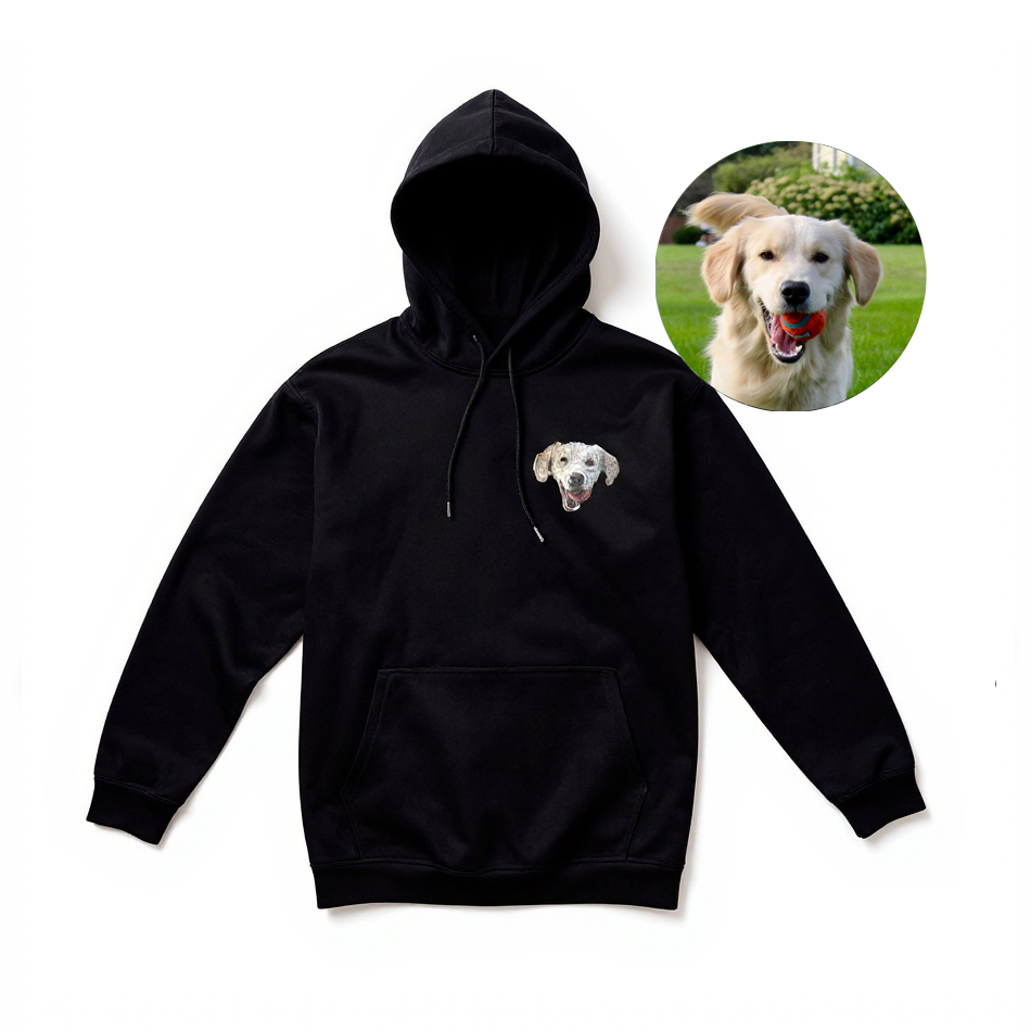 Black hoodie with a dog's face design on a white background