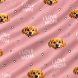 Close-up of the I Love Mom print showing custom pet faces, hearts and I Love Mom lettering on a pink fabric