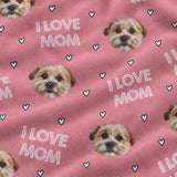 Close-up of the I Love Mom print showing custom pet faces, hearts and I Love Mom lettering on a pink fabric