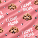 Close-up of the I Love Mom print showing custom pet faces, hearts and I Love Mom lettering on a pink fabric