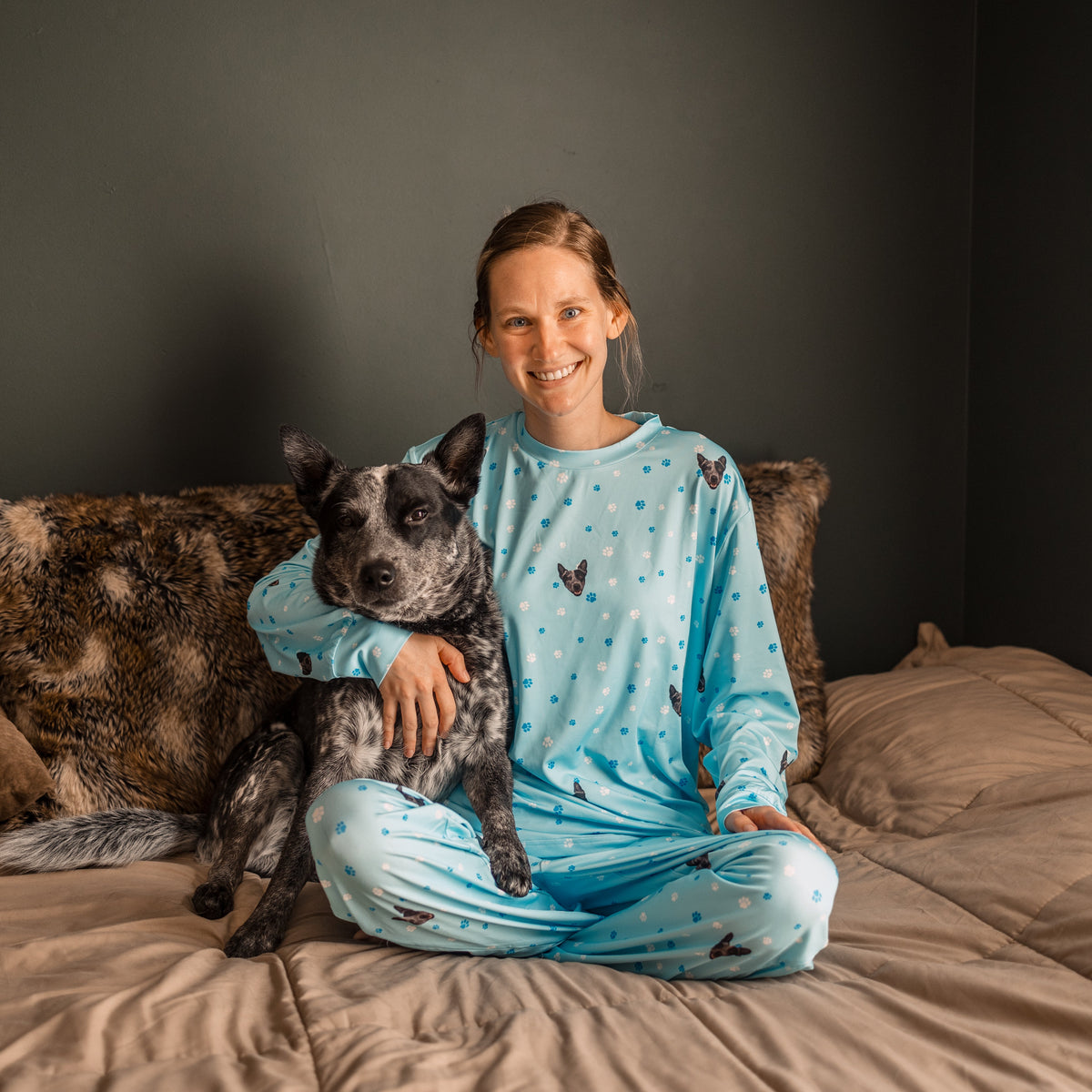 Adult Custom Pet Face Jogger Pajamas - Light Blue Paws