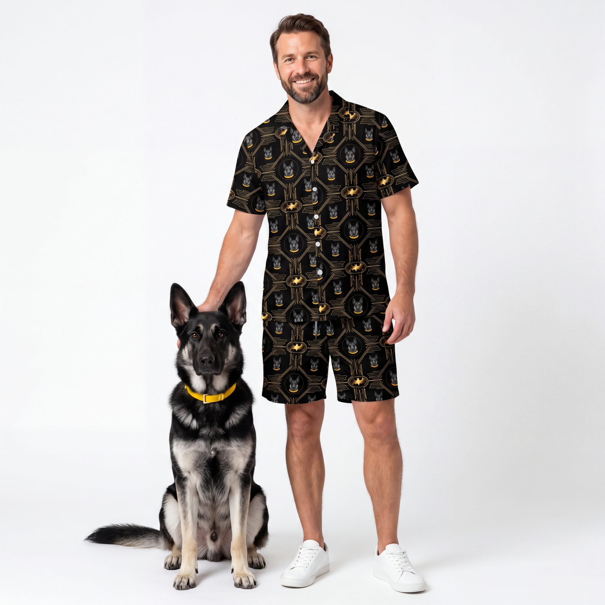 Man wearing a black patterned outfit standing next to a dog on a white background