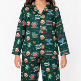 A model wearing a matching green pajama set with a festive Christmas dog print, featuring phrases like 'the gift from above' and 'DAD, BEAST OF A DOG'.