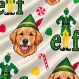 Close-up of the Iconic Elf print showing custom pet faces in elf hats with Elf lettering and candy canes on a cream fabric