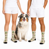 A dog sits between two models wearing white shorts and beige crew socks with a green and brown dog-and-home pattern. The models are cropped from the waist down, and the dog is centered on a clean white background.