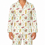 A person wearing a matching long-sleeve pajama set with an all-over Christmas-themed print featuring a dog, golf clubs, golf balls, pine trees, and the word 'Ozark' in red script, against a plain white background.