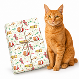 An orange tabby cat sits beside a wrapped gift box with a holiday pattern on a white background.
