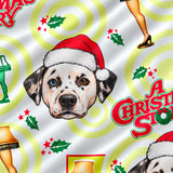 Close-up of the Iconic Leg Lamp print showing custom pet faces in Santa hats with leg lamps and movie lettering on a cream fabric