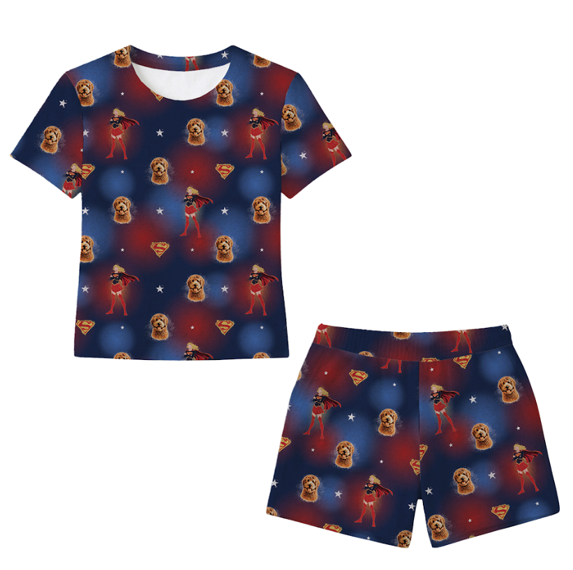 T-shirt and shorts set with supergirl design on a blue background[IconicSupergirl]