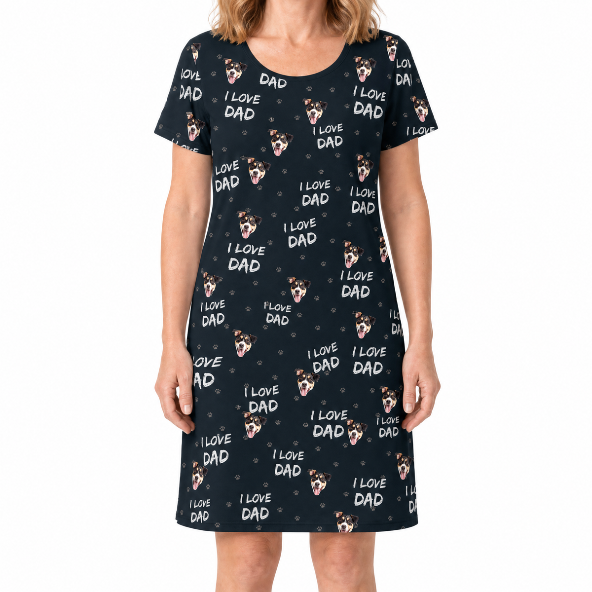 Black nightgown with 'I Love Dad' and dog pattern worn by a person on a white background