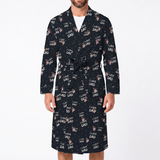 Man wearing a black custom robe with “I Love Dad” text, paw prints, and a repeating dog face pattern.