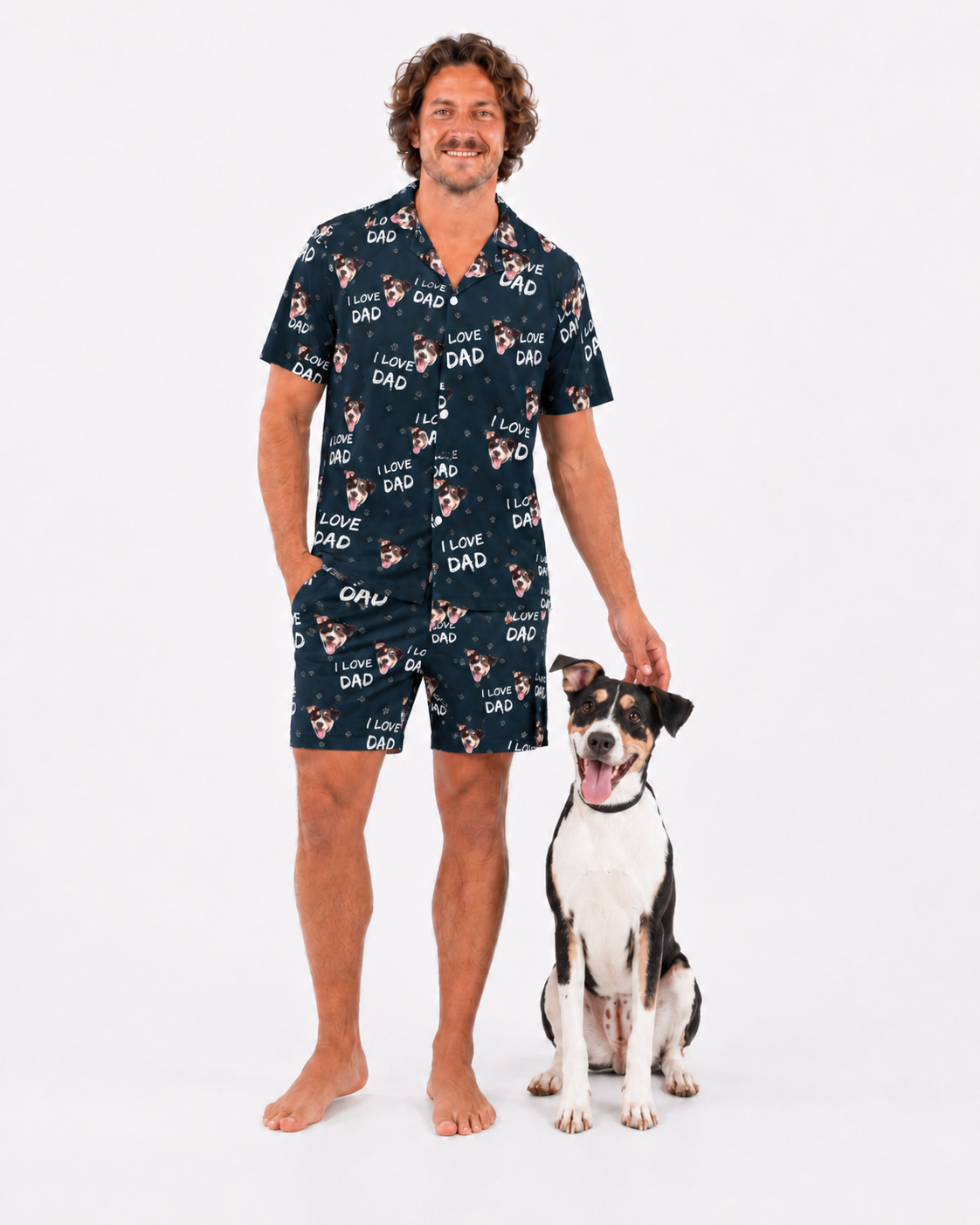 Man wearing a i love dad pajama set with a dog on a white background