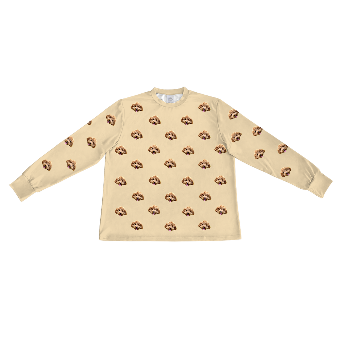 These are pajama long sleeve shirt in a butter yellow color with repeating pet faces on them[ButterYellowLongSleevePajamaShirt]