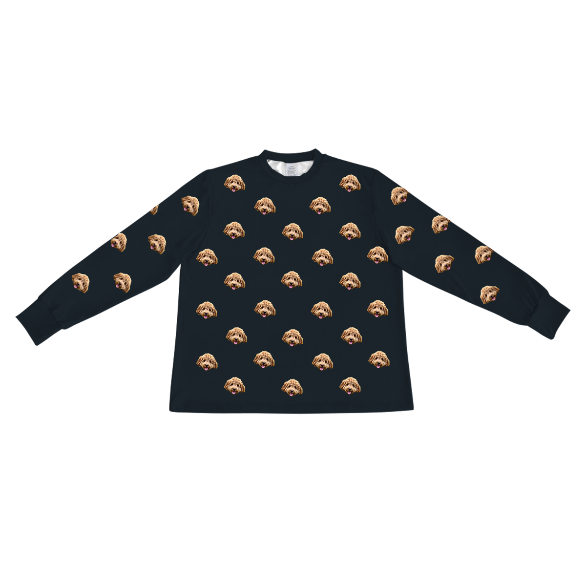 These are pajama long sleeve shirt in a black color with repeating pet faces on them[LongSleevePajamaShirt]