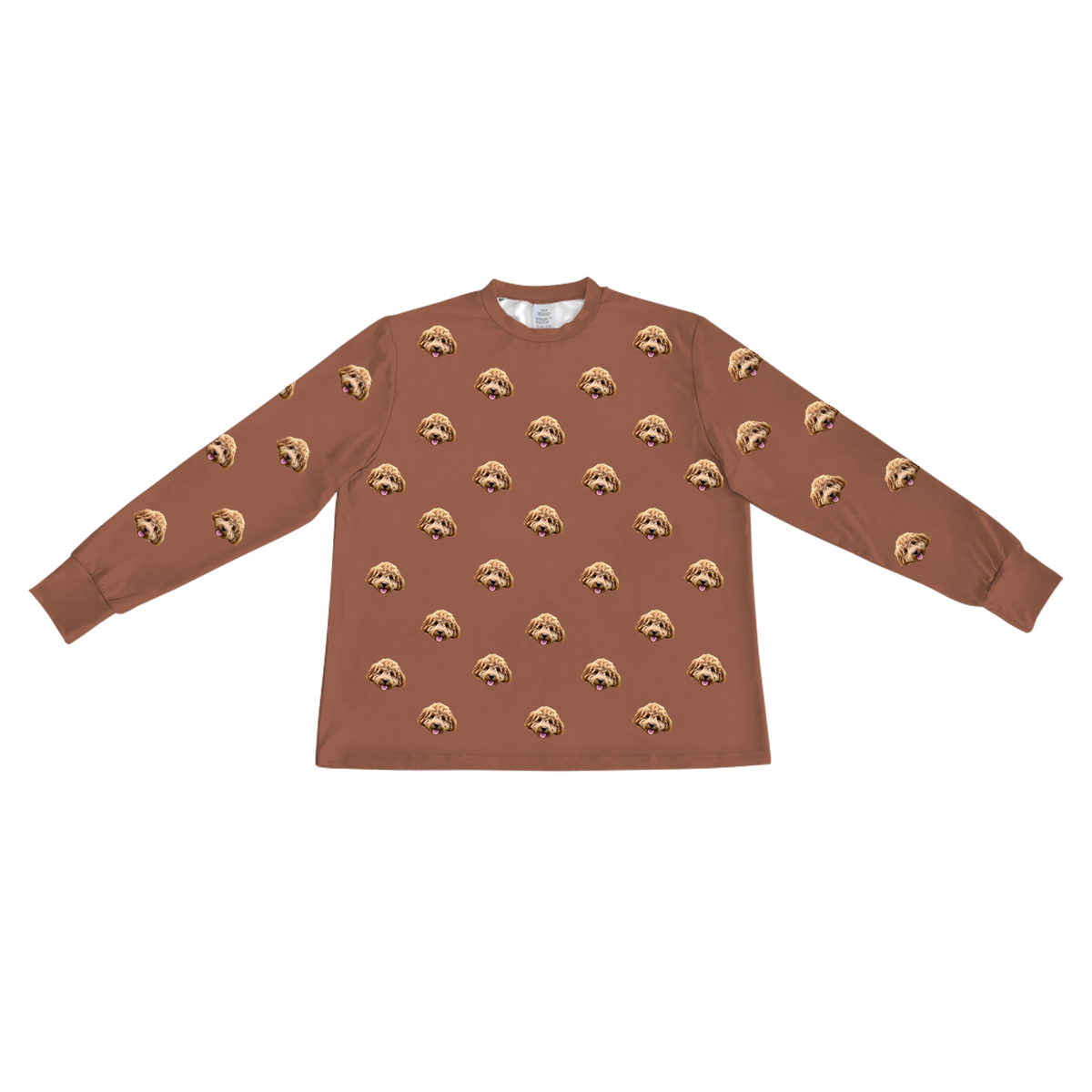 These are pajama long sleeve shirt in a brown color with repeating pet faces on them[LongSleevePajamaShirt]