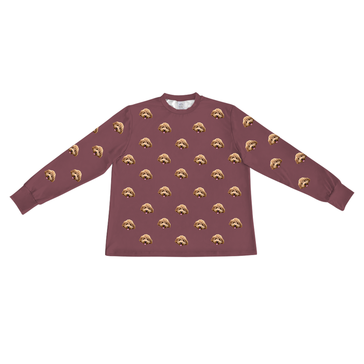 These are pajama long sleeve shirt in a maroon color with repeating pet faces on them[LongSleevePajamaShirt]