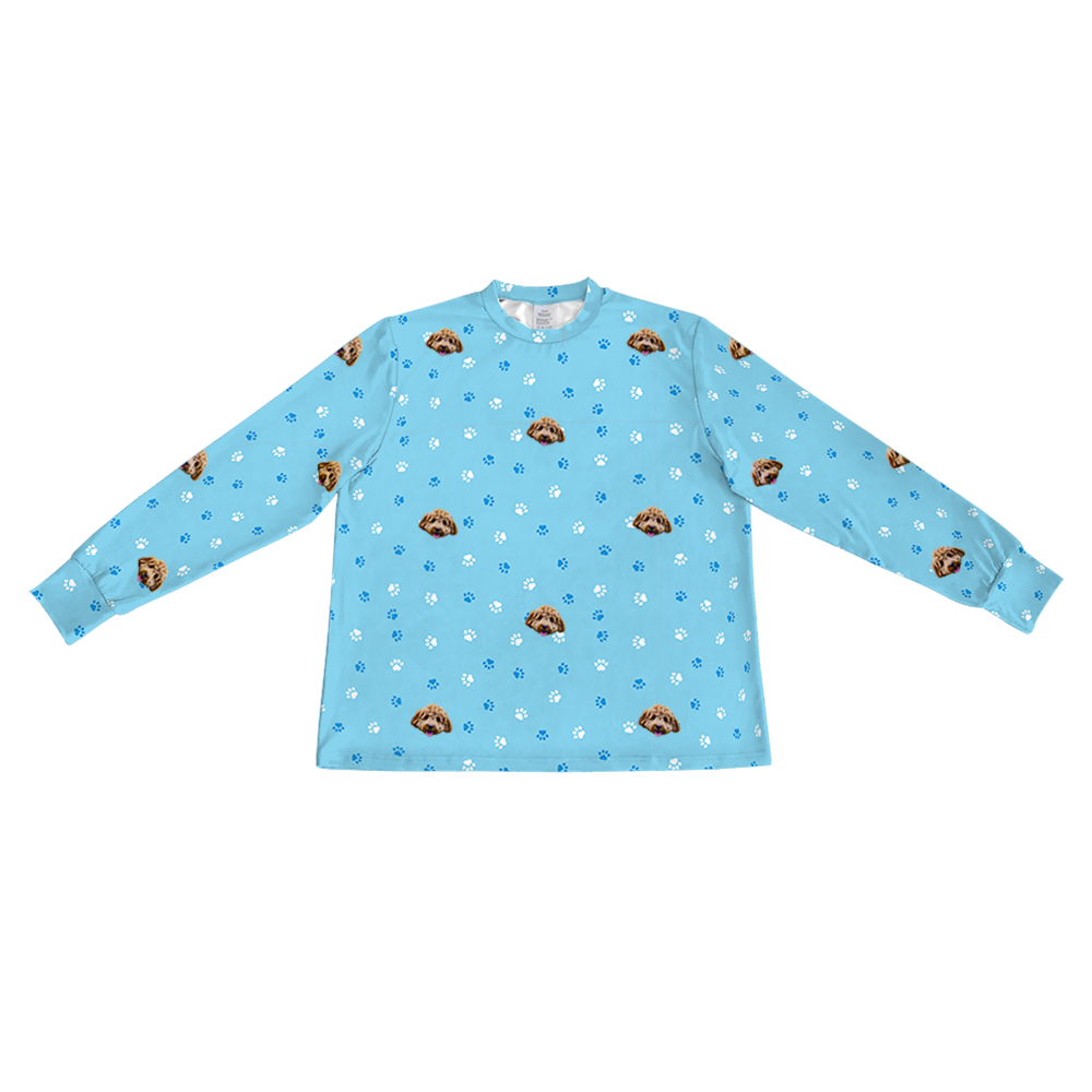 These are pajama long sleeve shirt in a light blue color with repeating pet faces on them[LongSleevePajamaShirt]