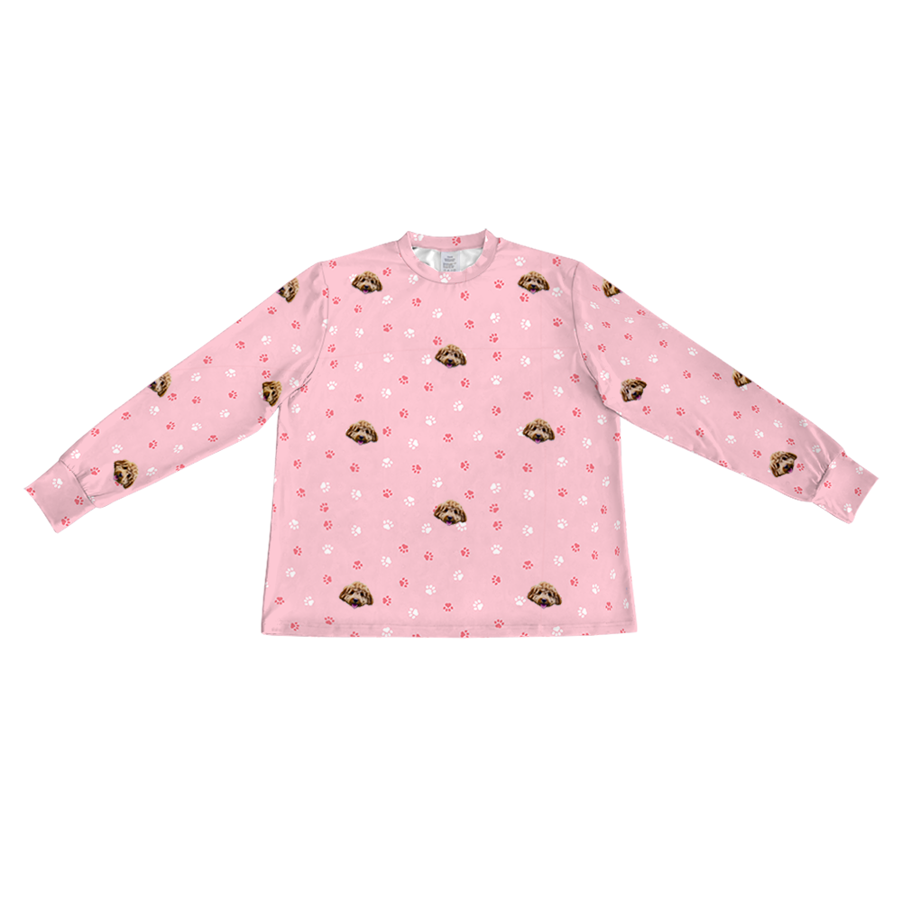 These are pajama long sleeve shirt in a light pink color with repeating pet faces on them[LongSleevePajamaShirt]