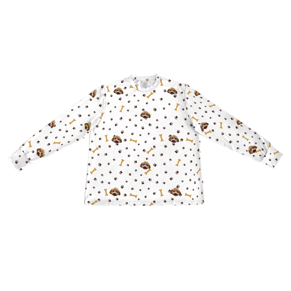 These are pajama long sleeve shirt in a white color with repeating pet faces on them[PawsandBonesLongSleevePajamaShirt]