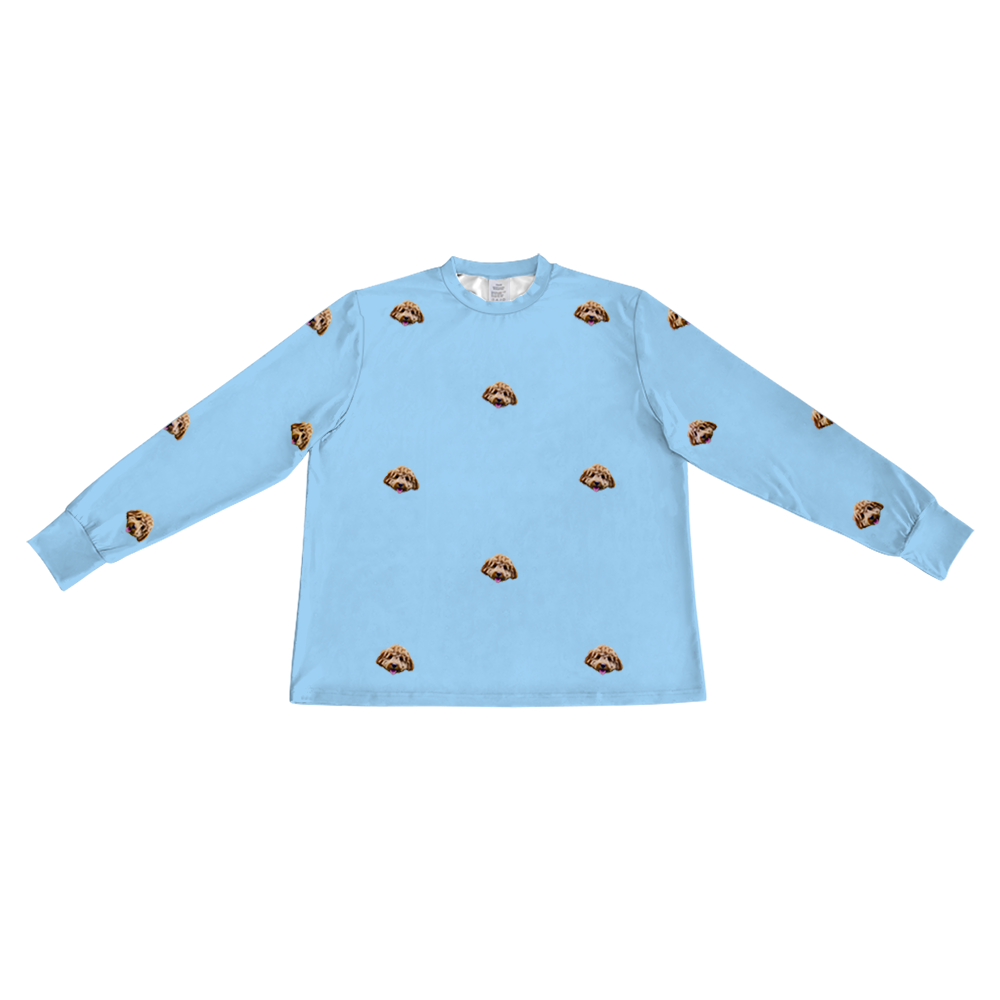 These are pajama long sleeve shirt in a blue color with repeating pet faces on them[LongSleevePajamaShirt]