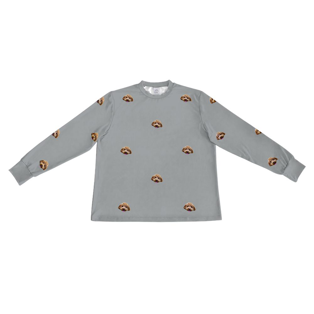 These are pajama long sleeve shirt in a gray color with repeating pet faces on them[LongSleevePajamaShirt]