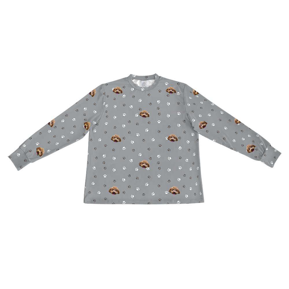 These are pajama long sleeve shirt in a gray color with repeating pet faces on them[SlateGrayPawsLongSleevePajamaShirt]