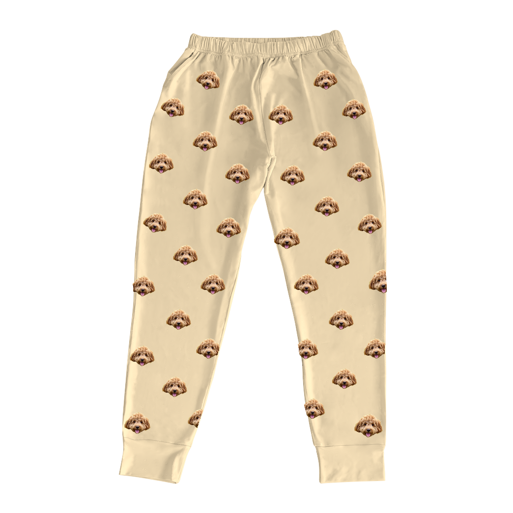These are jogger pajama pants in a yellow color with repeating pet faces on them[JoggerPajamaPants]