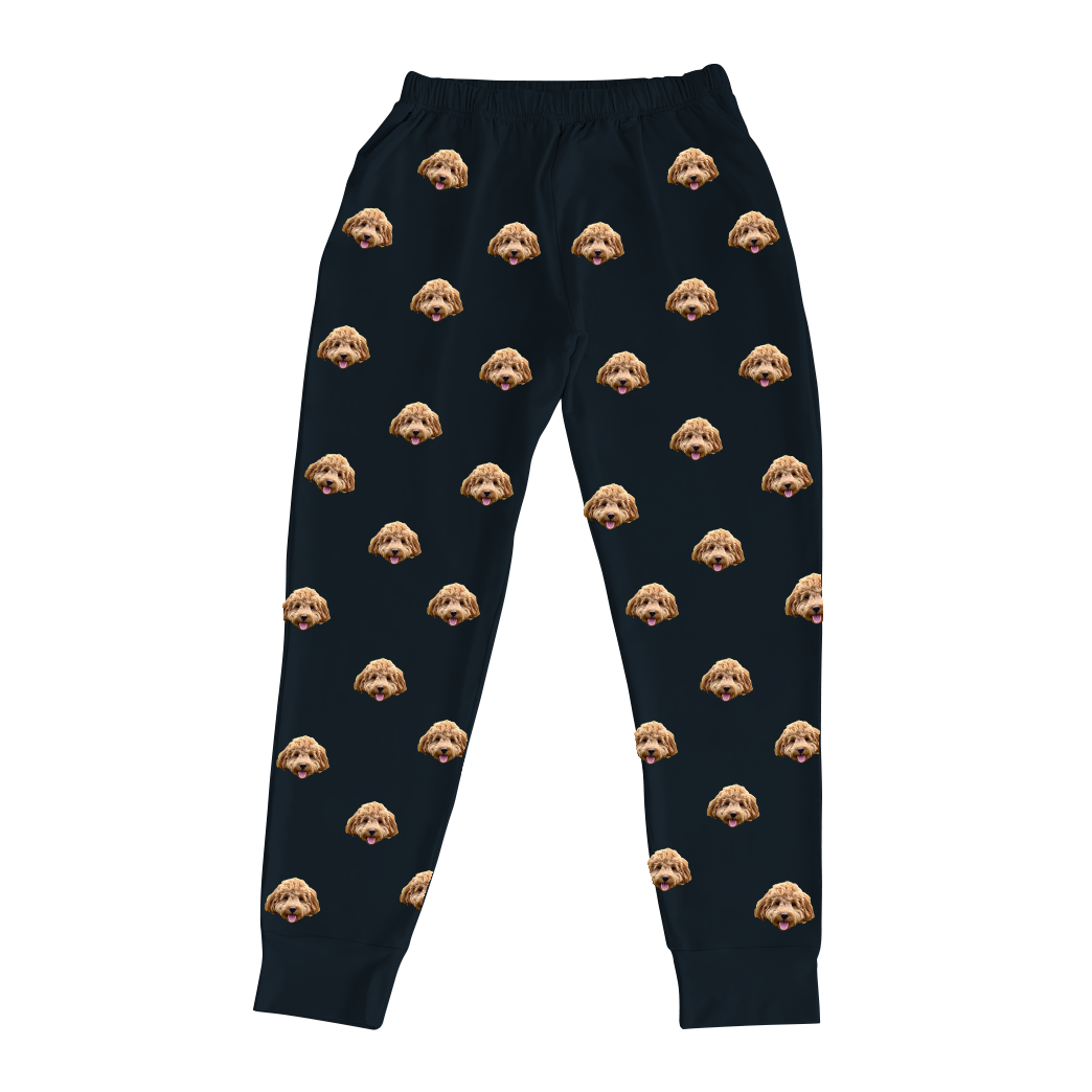 These are jogger pajama pants in a black color with repeating pet faces on them[BlackJoggerPajamaPants]