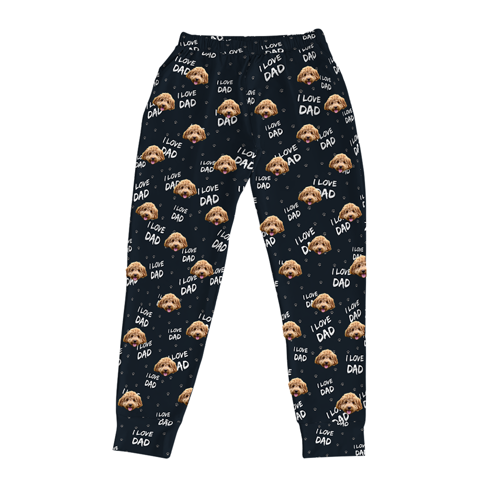 These are jogger pajama pants in a black color with repeating pet faces on them[ILoveDadJoggerPajamaPants]